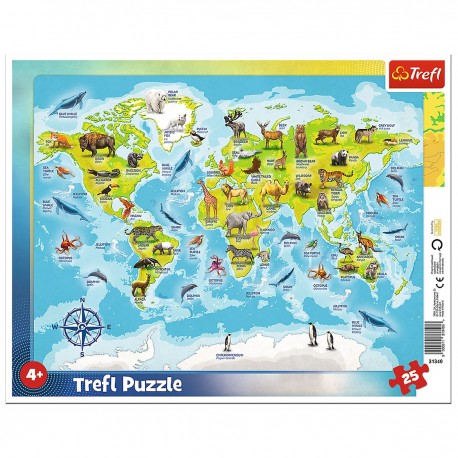 31340 TREFL PUZZLE RAMKOWE 25 MAPA ŚWIATA ZE ZWIERZĘTAMI