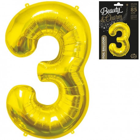 180947 ZŁOTY BALON FOLIOWY CYFRA "3" B&C 85 cm GODAN