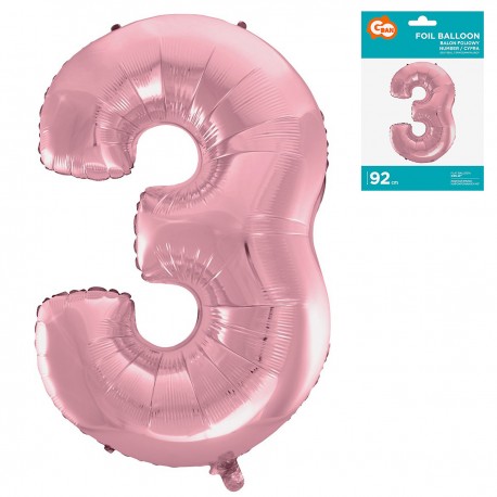 109252 RÓŻOWY BALON FOLIOWY CYFRA "3" 92 cm GODAN