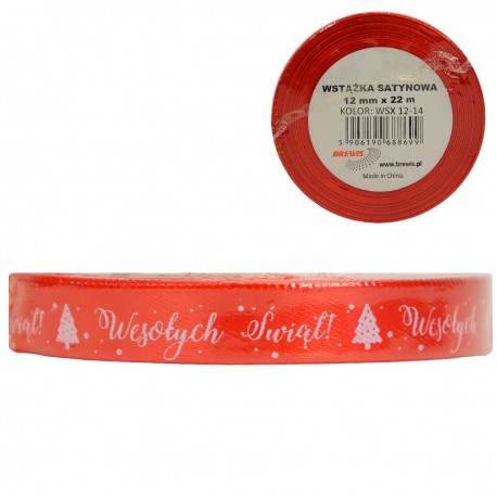 688699 WSTĄŻKA SATYNOWA CZERWONA WESOŁYCH ŚWIĄT 12mm x 22m ŚWIĘTA BREWIS
