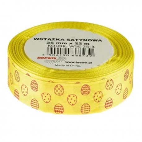 688439 WSTĄŻKA SATYNOWA ŻÓŁTA W PISANKI WIELKANOC 25x22 BREWIS