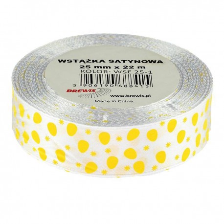 688415 WSTĄŻKA SATYNOWA BIAŁA W ŻÓŁTE JAJKA WIELKANOC 25x22 BREWIS