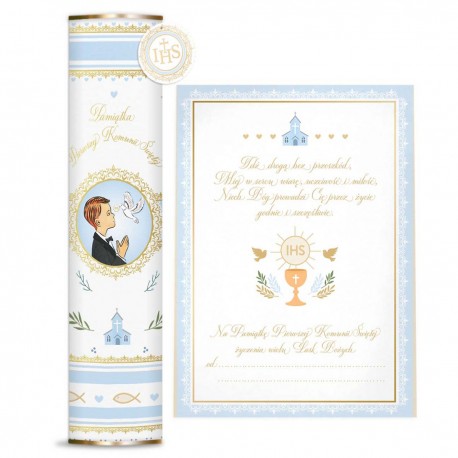 482337 TUBA PAMIĄTKA KOMUNIA ŚWIĘTA ORNAMENT NIEBIESKI HENRY