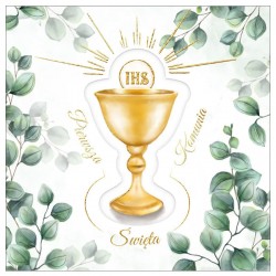 667500 KARNET KWADRATOWY KIELICH i LIŚCIE PAMIĄTKA PIERWSZA KOMUNIA ŚWIĘTA HENRY