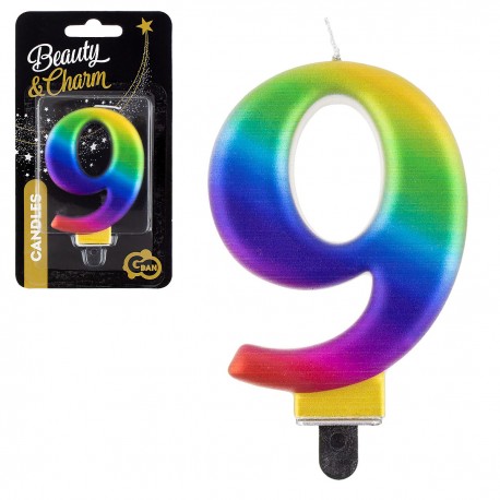 115253 GODAN URODZINY ŚWIECZKA B&C CYFRA "9" TĘCZOWA GALAXY 8 cm