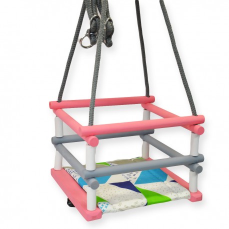 005422 HUŚTAWKA DREWNIANA Z PODUSZKĄ SZARO-RÓŻOWY BAGIŃSKI