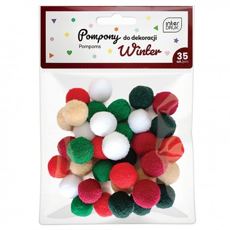 337221 POMPONY DEKORACYJNE WINTER MIX KOLORÓW ŚWIĘTA 35 szt. INTERDRUK