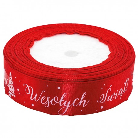 688781 WSTĄŻKA SATYNOWA CZERWONY WESOŁYCH ŚWIĄT ŚWIĘTA 25x25 BREWIS
