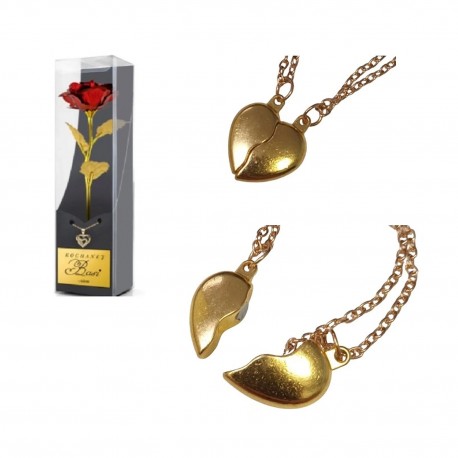 007524 WIECZNA RÓŻA CZERWONA ZŁOTA ŁODYGA + PODWÓJNY NASZYJNIK WALENTYNKA NORIMPEX