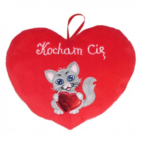 3170118 SD PLUSZOWE SERCE Z KOTEM I NAPISEM KOCHAM CIĘ 25 CM WALENTYNKA