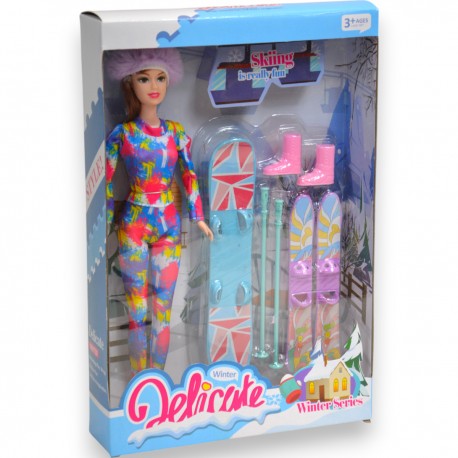 872990 LALKA W UBRANIU ZIMOWYM SNOWBOARDEM I NARTAMI BEST MS TOYS