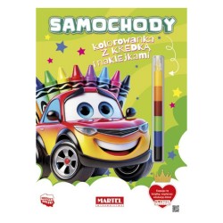 900478 SAMOCHODY, KOLOROWANKA Z KREDKĄ I NAKLEJKAMI MARTEL