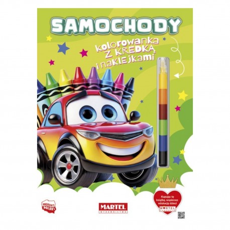 900478 SAMOCHODY, KOLOROWANKA Z KREDKĄ I NAKLEJKAMI MARTEL