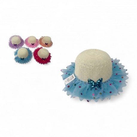 467979 KAPELUSZ W KROPKI DLA DZIEWCZYNKI Z MOTYLEM 34 cm. GAZELO