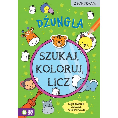 880976 KOLOROWANKA Szukaj, koloruj i licz. Dżungla ZIELONA SOWA