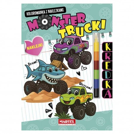 520187 KOLOROWANKA Z KREDKĄ MODUŁOWĄ I NAKLEJKAMI. MONSTER TRUCKI MARTEL