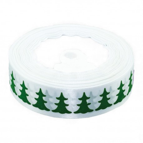 686091 WSTĄŻKA SATYNOWA BIAŁY CHOINKI ŚWIĘTA 25x22 BREWIS