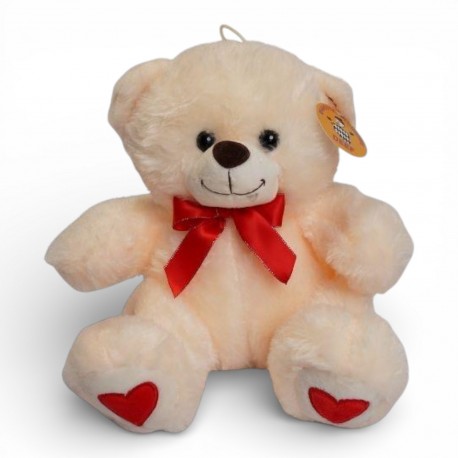 243063 PLUSZOWA MIŚ Z SERCEM I CZERWONĄ KOKARDĄ KREMOWY 28CM DEEF