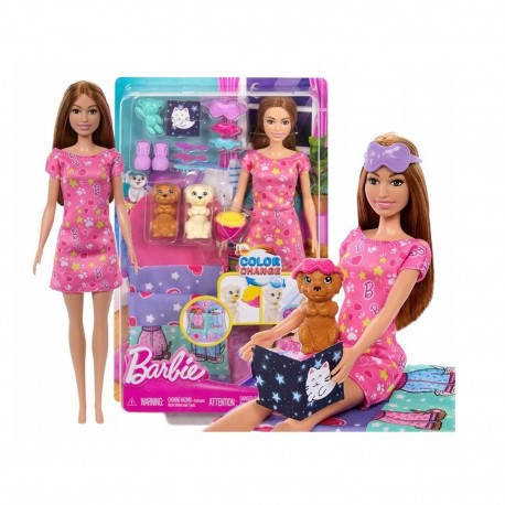 234592 LALKA BARBIE PIŻAMA PARTY ZESTAW Z LALKĄ BARBIE, 2 PIESKI + AKCESORIA