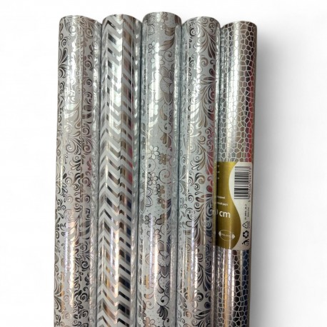 044173 PAPIER PREZENTOWY OZDOBNY SREBRNY METALICZNY MIX WZORÓW 200x70 POLMAK
