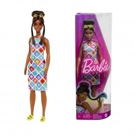 094035 BARBIE LALKA FASHIONISTKA KOLOROWA SUKIENKA