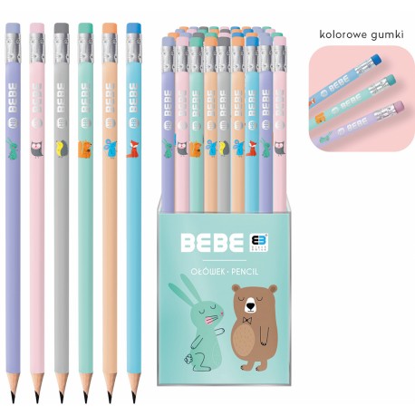 295262 OŁÓWEK GRAFITOWY OKRĄGŁY HB Z GUMKĄ BEBE KIDS PASTEL INTERDRUK