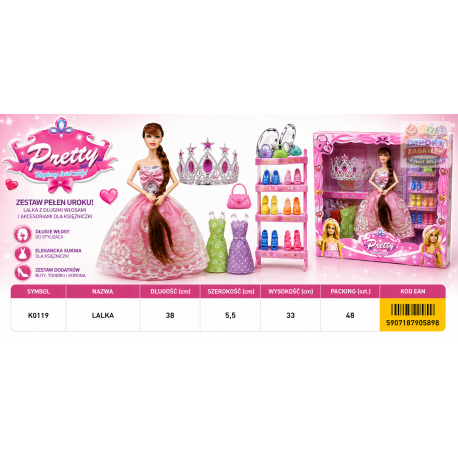 905898 LALKA KSIĘŻNICZKA Z AKCESORIAMI BUTY SUKIENKI GARDEROBA F.H. TOYS