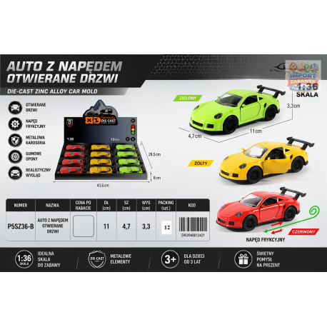 012421 METALOWY SAMOCHÓD WYŚCIGOWY AUTO Z NAPĘDEM 11CM 3 KOLORY F.H. TOYS