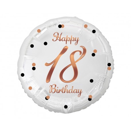 147933 BALON FOLIOWY LICZBA 18 HAPPY 18 BIRTHDAY BIAŁY NADRUK RÓŻOWO-ZŁOTY GODAN