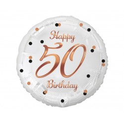 155754 BALON FOLIOWY LICZBA 50 B&C HAPPY 50 BIRTHDAY BIAŁY NADRUK RÓŻOWO-ZŁOTY GODAN
