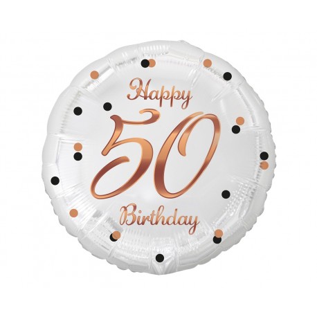 155754 BALON FOLIOWY LICZBA 50 B&C HAPPY 50 BIRTHDAY BIAŁY NADRUK RÓŻOWO-ZŁOTY GODAN