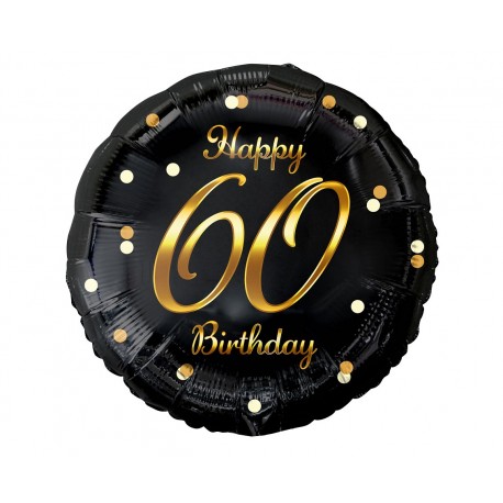 154948 BALON FOLIOWY LICZBA 60 URODZINY B&C HAPPY 60 BIRTHDAY CZARNY, NADRUK ZŁOTY GODAN