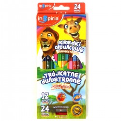 003927 KREDKI OŁÓWKOWE TRÓJKĄTNE DWUSTRONNE 12 SZT. 24 KOLORY + TEMPERÓWKA GRATIS