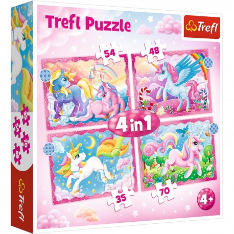 34389 TREFL PUZZLE 4W1 JEDNOROŻCE I MAGIA